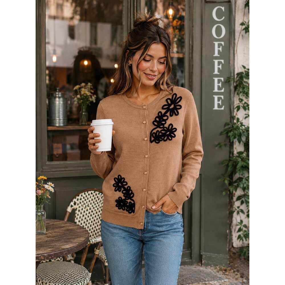 NWT Tan Floral Appliqué Cardigan Sweater Button Front Knit Quiet Luxury Sz PL